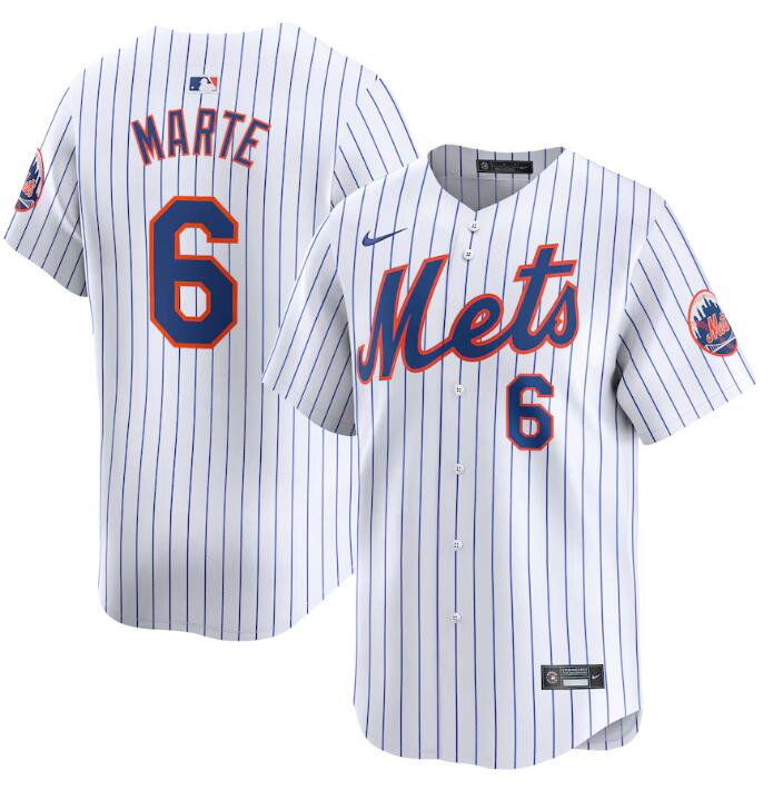 Men's New York Mets #6 Starling Marte White 2024 Home Limited Stitched Baseball Jersey Men's New York Mets #6 Starling Marte White 2024 Home Limited Stitched Baseball Jersey