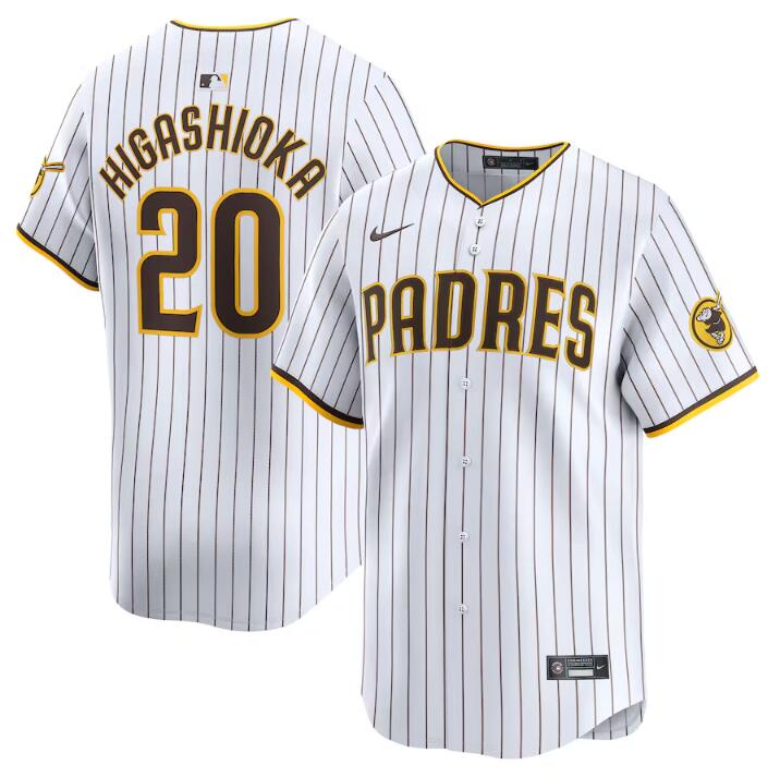 Men's San Diego Padres #20 Kyle Higashioka White 2024 Home Limited Stitched Baseball Jersey Men's San Diego Padres #20 Kyle Higashioka White 2024 Home Limited Stitched Baseball Jersey