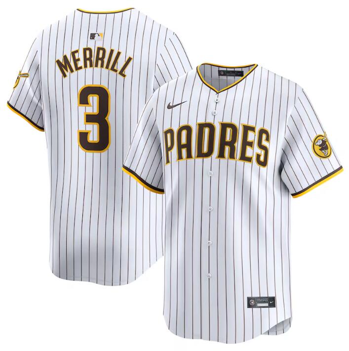 Men's San Diego Padres #3 Jackson Merrill White 2024 Home Limited Stitched Baseball Jersey Men's San Diego Padres #3 Jackson Merrill White 2024 Home Limited Stitched Baseball Jersey