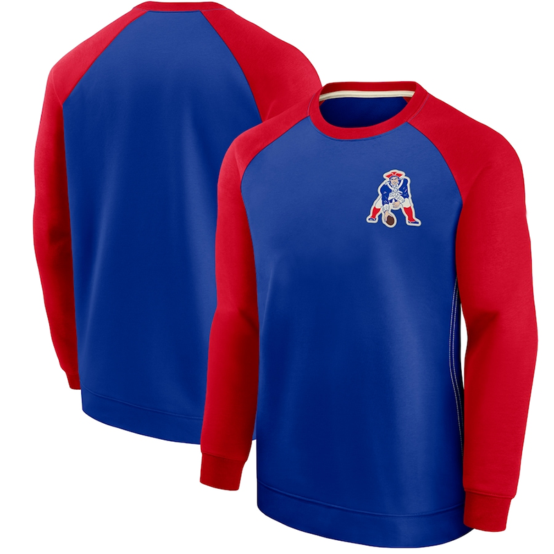 Men's New England Patriots Blue/Red Historic Raglan Crew Performance Sweater Men's New England Patriots Blue/Red Historic Raglan Crew Performance Sweater