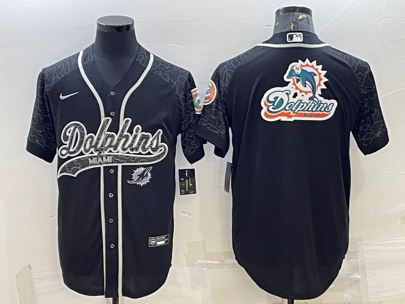 Men's Miami Dolphins Black Reflective Team Big Logo With Patch Cool Base Stitched Baseball Jersey Men's Miami Dolphins Black Reflective Team Big Logo With Patch Cool Base Stitched Baseball Jersey