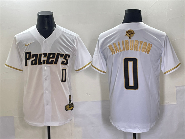 Men's Indiana Pacers #0 Tyrese Haliburton White/Gold 2025 Finals Vapor Stitched Baseball Jersey