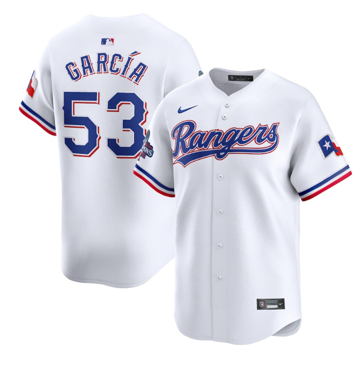 Men's Texas Rangers #53 Adolis García White 2023 World Series Champions Stitched Baseball Jersey Men's Texas Rangers #53 Adolis García White 2023 World Series Champions Stitched Baseball Jersey