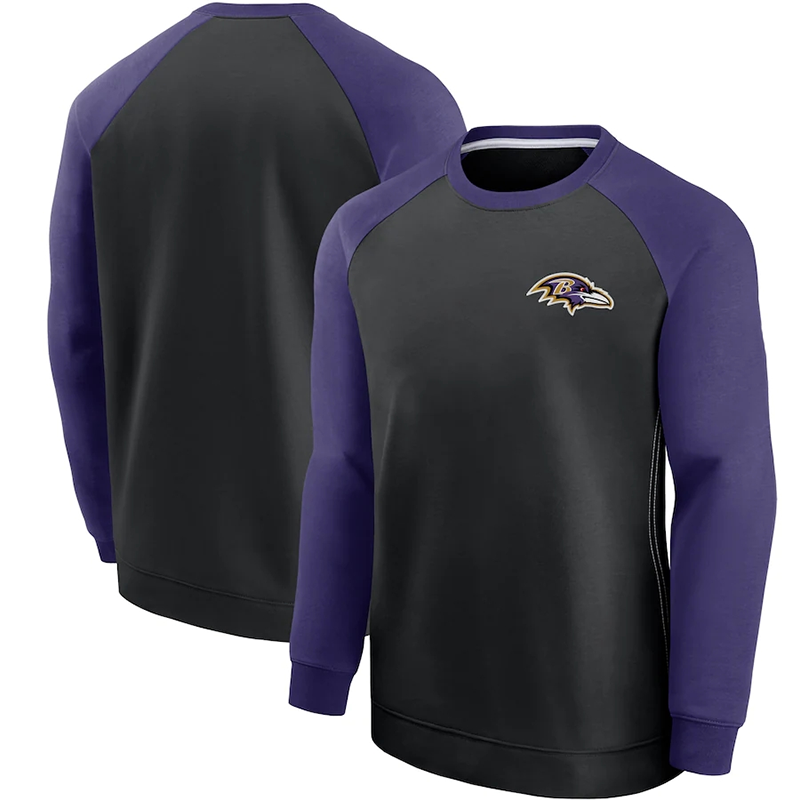 Men's Baltimore Ravens Purple/Black Historic Raglan Crew Performance Sweater Men's Baltimore Ravens Purple/Black Historic Raglan Crew Performance Sweater