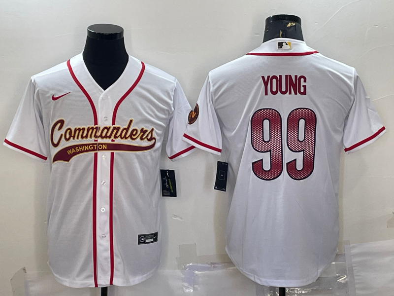 Men's Washington Commanders #99 Chase Young White With Patch Cool Base Stitched Baseball Jersey Men's Washington Commanders #99 Chase Young White With Patch Cool Base Stitched Baseball Jersey