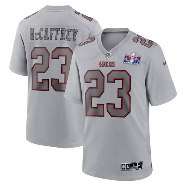 Men's San Francisco 49ers #23 Christian McCaffrey Gray 2024 Super Bowl LVIII Patch Atmosphere Fashion Stitched Game Jersey Men's San Francisco 49ers #23 Christian McCaffrey Gray 2024 Super Bowl LVIII Patch Atmosphere Fashion Stitched Game Jersey