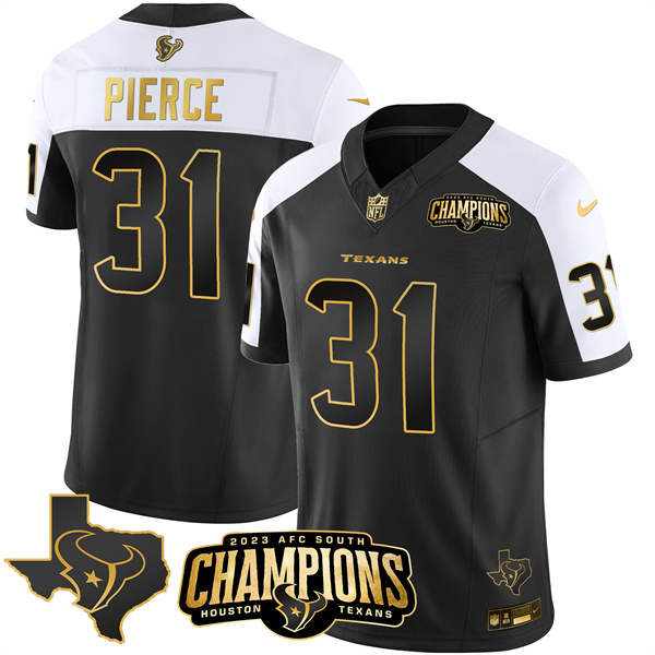 Men's Houston Texans #31 Dameon Pierce Black/White Golden 2023 F.U.S.E. With AFC South Champions Patch And Team Logo Patch Limited Stitched Football Jersey Men's Houston Texans #31 Dameon Pierce Black/White Golden 2023 F.U.S.E. With AFC South Champions Patch And Team Logo Patch Limited Stitched Football Jersey