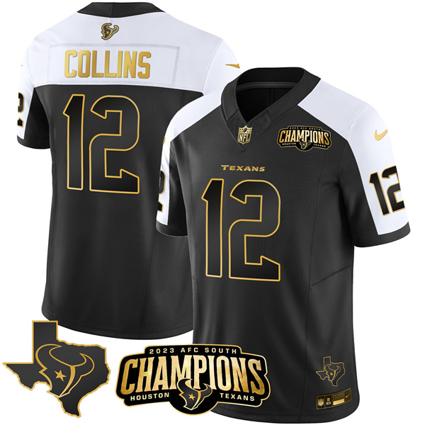 Men's Houston Texans #12 Nico Collins Black/White Golden 2023 F.U.S.E. With AFC South Champions Patch And Team Logo Patch Limited Stitched Football Jersey Men's Houston Texans #12 Nico Collins Black/White Golden 2023 F.U.S.E. With AFC South Champions Patch And Team Logo Patch Limited Stitched Football Jersey