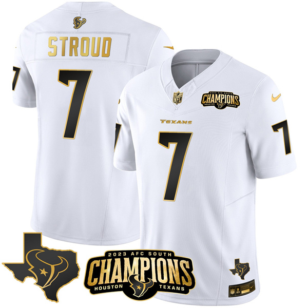 Men's Houston Texans #7 C.J. Stroud White Golden 2023 F.U.S.E. With AFC South Champions Patch And Team Logo Patch Limited Stitched Football Jersey Men's Houston Texans #7 C.J. Stroud White Golden 2023 F.U.S.E. With AFC South Champions Patch And Team Logo Patch Limited Stitched Football Jersey
