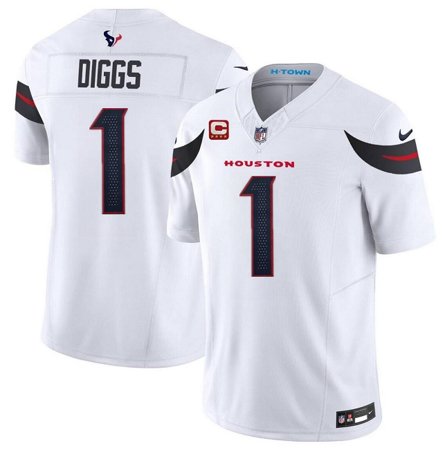 Men's Houston Texans #1 Stefon Diggs White 2024 Vapor F.U.S.E. With 4-Star C Patch Limited Stitched Jersey Men's Houston Texans #1 Stefon Diggs White 2024 Vapor F.U.S.E. With 4-Star C Patch Limited Stitched Jersey