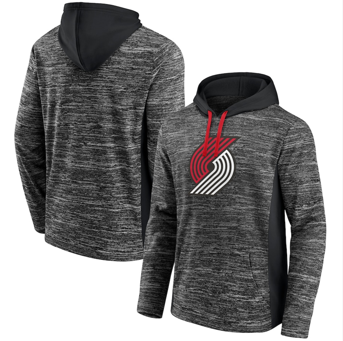 Men's Portland Trail Blazers Heathered Charcoal Black Instant Replay Color Block Pullover Hoodie Men's Portland Trail Blazers Heathered Charcoal Black Instant Replay Color Block Pullover Hoodie