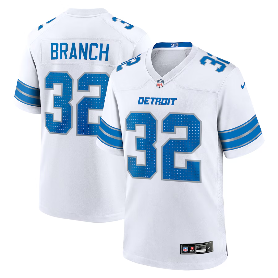 Men's Detroit Lions #32 Brian Branch White 2nd Alternate Stitched Game Jersey