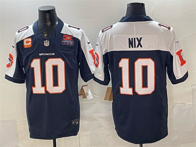 Men's Denver Broncos #10 Bo Nix Navy F.U.S.E. 3-Time Champions Patch And 2-star C Patch Vapor Limited Stitched Football Jersey Men's Denver Broncos #10 Bo Nix Navy F.U.S.E. 3-Time Champions Patch And 2-star C Patch Vapor Limited Stitched Football Jersey