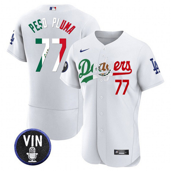 Men's Los Angeles Dodgers #77 Pezo Pluma White Mexico Special Vin Scully Patch Flex Base Stitched Baseball Jersey Men's Los Angeles Dodgers #77 Pezo Pluma White Mexico Special Vin Scully Patch Flex Base Stitched Baseball Jersey