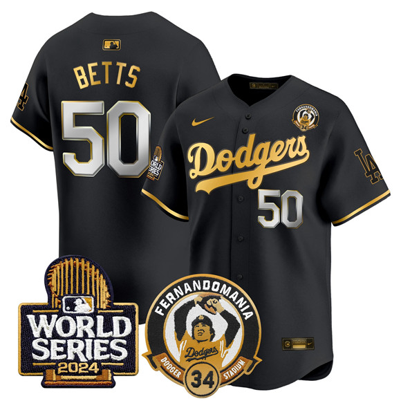 Men's Los Angeles Dodgers #50 Mookie Betts Black Gold Fernando Valenzuela & 2024 World Series Patch Limited Stitched Baseball Jersey