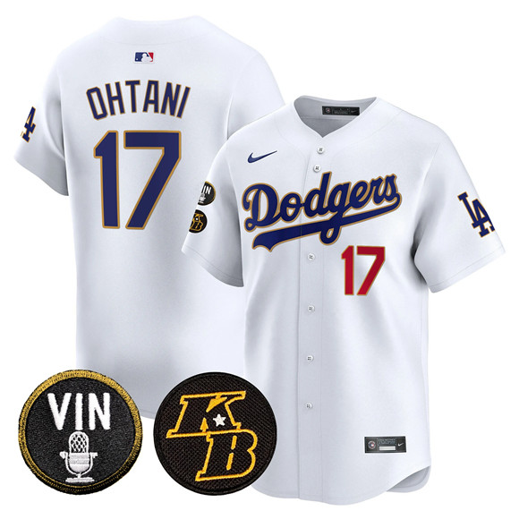Men's Los Angeles Dodgers #17 Shohei Ohtani White 2026 Vin & Kobe Patch Gold Trim Vapor Premier Limited Stitched Baseball Jersey