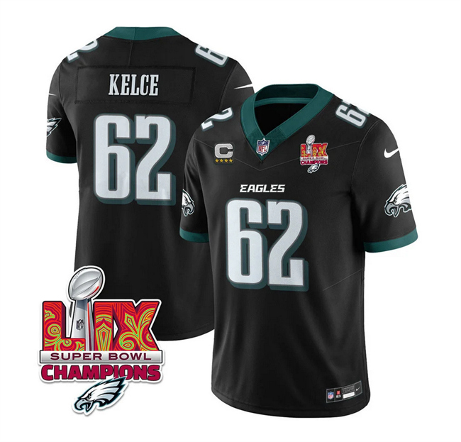 Men's Philadelphia Eagles #62 Jason Kelce Black 2025 Eagles Logo Super Bowl LIX Patch And 4-Star C Patch New F.U.S.E. Vapor Limited Stitched Football Jersey