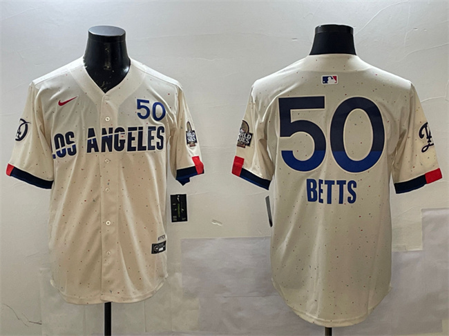 Men's Los Angeles Dodgers #50 Mookie Betts Cream 2024 World Series Patch City Connect Limited Stitched Baseball Jersey Men's Los Angeles Dodgers #50 Mookie Betts Cream 2024 World Series Patch City Connect Limited Stitched Baseball Jersey