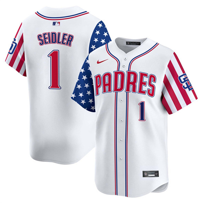 Men's San Diego Padres #1 Peter Seidler White 2025 Independence Day Vapor Premier Limited Stitched Baseball Jersey Men's San Diego Padres #1 Peter Seidler White 2025 Independence Day Vapor Premier Limited Stitched Baseball Jersey