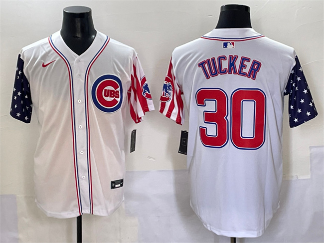 Men's Chicago Cubs #30 Kyle Tucker White 2025 Independence Day Vapor Premier Limited Stitched Baseball Jersey Men's Chicago Cubs #30 Kyle Tucker White 2025 Independence Day Vapor Premier Limited Stitched Baseball Jersey