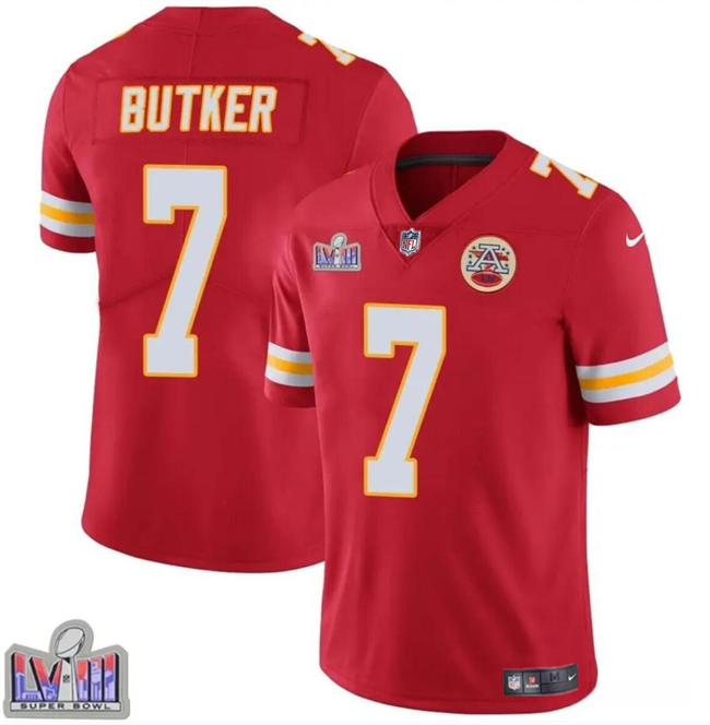 Men's Kansas City Chiefs #7 Harrison Butker Red Super Bowl LVIII Patch Vapor Untouchable Limited Stitched Football Jersey Men's Kansas City Chiefs #7 Harrison Butker Red Super Bowl LVIII Patch Vapor Untouchable Limited Stitched Football Jersey