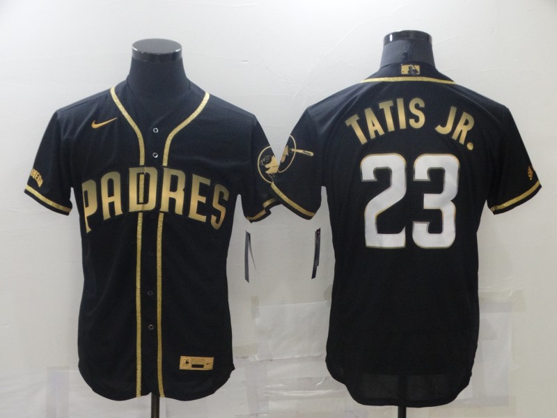 Men's San Diego Padres #23 Fernando Tatis Jr. 2021 Black Golden Edition Flex Base Stitched Baseball Jersey Men's San Diego Padres #23 Fernando Tatis Jr. 2021 Black Golden Edition Flex Base Stitched Baseball Jersey