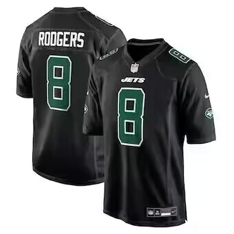 Men's New York Jets #8 Aaron Rodgers Black Stitched Jersey