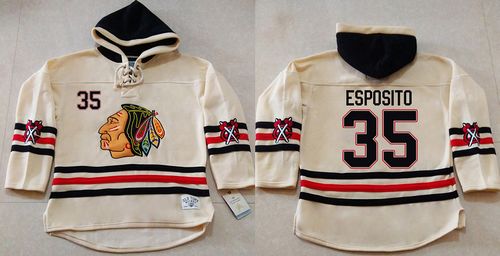 Blackhawks #35 Tony Esposito Cream Heavyweight Pullover Hoodie Stitched NHL Jersey Blackhawks #35 Tony Esposito Cream Heavyweight Pullover Hoodie Stitched NHL Jersey