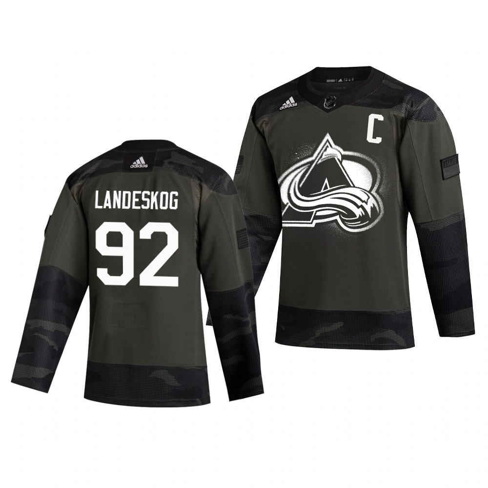 Colorado Avalanche #92 Gabriel Landeskog Adidas 2019 Veterans Day Men's Authentic Practice NHL Jersey Camo Colorado Avalanche #92 Gabriel Landeskog Adidas 2019 Veterans Day Men's Authentic Practice NHL Jersey Camo