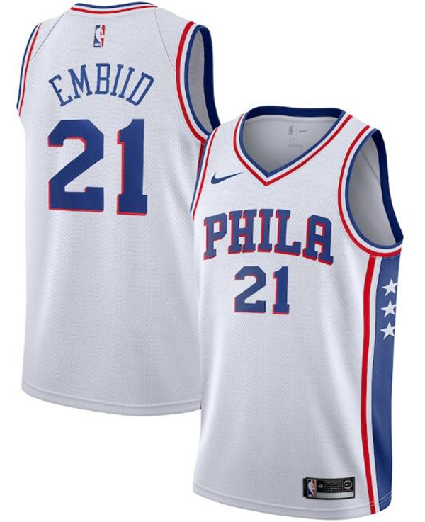 Men's Philadelphia 76ers #21 Joel Embiid White NBA Association Edition Stitched Swingman Jersey Men's Philadelphia 76ers #21 Joel Embiid White NBA Association Edition Stitched Swingman Jersey