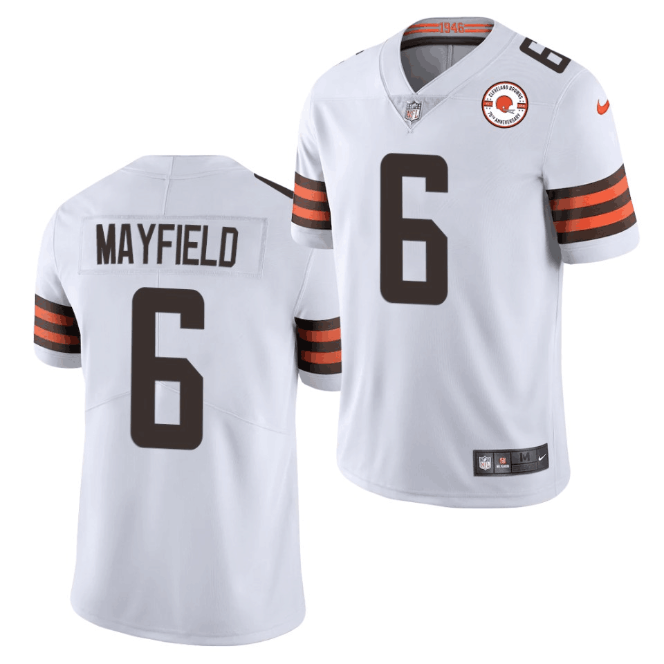Men's Cleveland Browns #6 Baker Mayfield 2021 White NFL 75th Anniversary Vapor Untouchable Limited Stitched Jersey Men's Cleveland Browns #6 Baker Mayfield 2021 White NFL 75th Anniversary Vapor Untouchable Limited Stitched Jersey