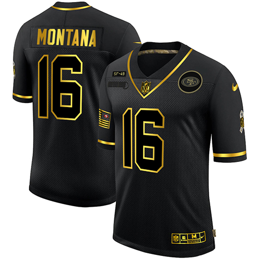 Men's San Francisco 49ers #16 Joe Montana 2020 Black/Gold Salute To Service Limited Stitched NFL Jersey Men's San Francisco 49ers #16 Joe Montana 2020 Black/Gold Salute To Service Limited Stitched NFL Jersey