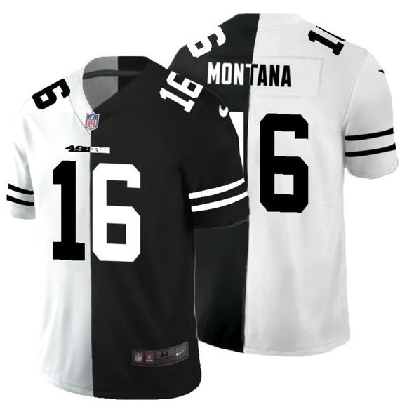 Men's San Francisco 49ers #16 Joe Montana Black & White NFL Split Limited Stitched Jersey Men's San Francisco 49ers #16 Joe Montana Black & White NFL Split Limited Stitched Jersey