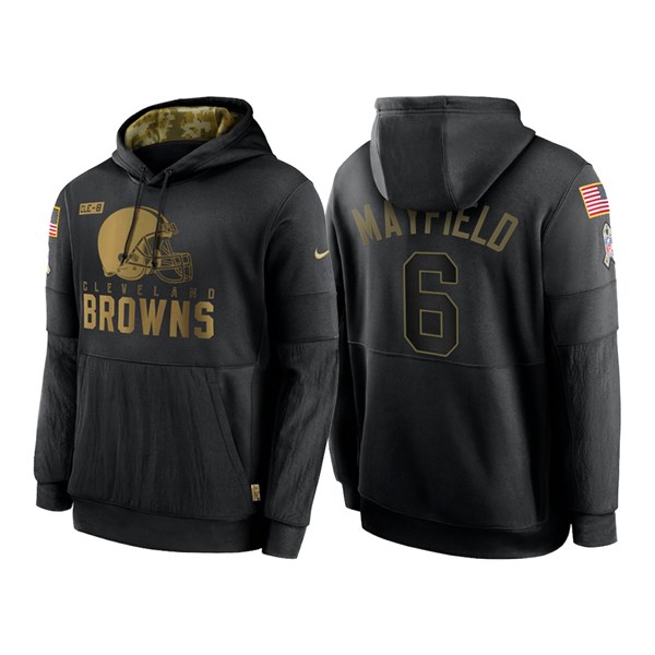 Men's Cleveland Browns Black #6 Baker Mayfield NFL 2020 Salute To Service Sideline Performance Pullover Hoodie Men's Cleveland Browns Black #6 Baker Mayfield NFL 2020 Salute To Service Sideline Performance Pullover Hoodie