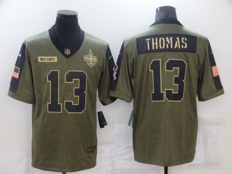 Men's New Orleans Saints #13 Michael Thomas 2021 Olive Salute To Service Limited Stitched Jersey Men's New Orleans Saints #13 Michael Thomas 2021 Olive Salute To Service Limited Stitched Jersey