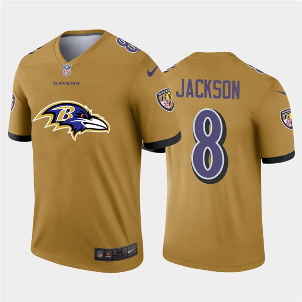 Men's Baltimore Ravens #8 Lamar Jackson 2020 Team Big Logo Gold NFL Stitched Jersey Men's Baltimore Ravens #8 Lamar Jackson 2020 Team Big Logo Gold NFL Stitched Jersey