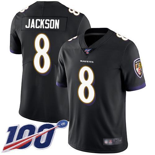 Nike Ravens #8 Lamar Jackson Black Alternate Men's Stitched NFL 100th Season Vapor Limited Jersey Nike Ravens #8 Lamar Jackson Black Alternate Men's Stitched NFL 100th Season Vapor Limited Jersey