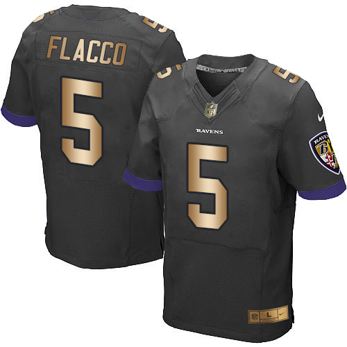 Nike Ravens #5 Joe Flacco Black Alternate Men's Stitched NFL New Elite Gold Jersey Nike Ravens #5 Joe Flacco Black Alternate Men's Stitched NFL New Elite Gold Jersey