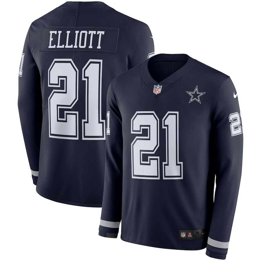 Men's Cowboys #21 Ezekiel Elliott Navy Blue Team Color Men's Stitched NFL Limited Therma Long Sleeve Jersey Men's Cowboys #21 Ezekiel Elliott Navy Blue Team Color Men's Stitched NFL Limited Therma Long Sleeve Jersey
