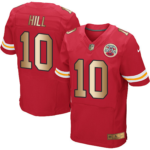 Nike Chiefs #10 Tyreek Hill Red Team Color Men's Stitched NFL Elite Gold Jersey Nike Chiefs #10 Tyreek Hill Red Team Color Men's Stitched NFL Elite Gold Jersey
