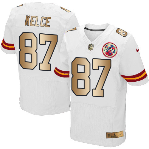 Nike Chiefs #87 Travis Kelce White Men's Stitched NFL Elite Gold Jersey Nike Chiefs #87 Travis Kelce White Men's Stitched NFL Elite Gold Jersey