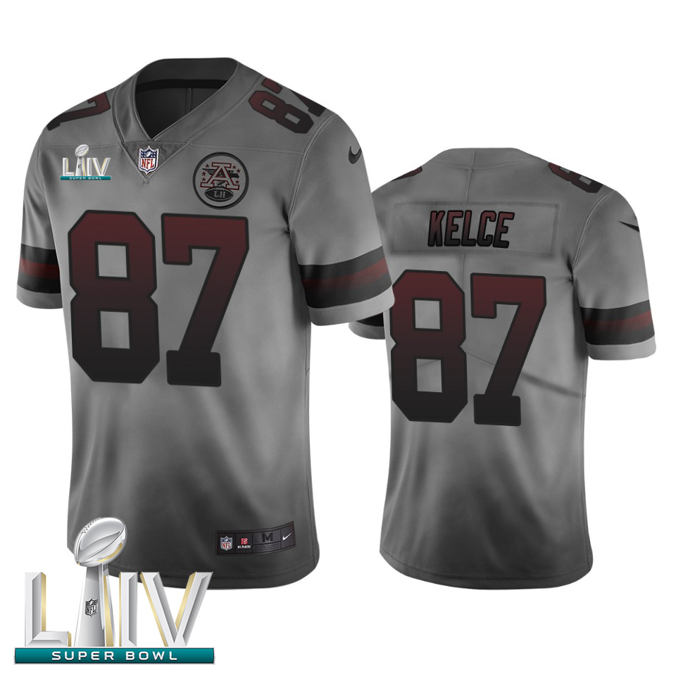 Kansas City Chiefs #87 Travis Kelce Smoky Gray Super Bowl LIV 2020 Men's Nike Vapor Limited City Edition NFL Jersey Kansas City Chiefs #87 Travis Kelce Smoky Gray Super Bowl LIV 2020 Men's Nike Vapor Limited City Edition NFL Jersey