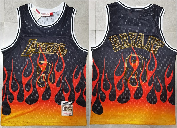 Men's Los Angeles Lakers #8 Kobe Bryant Black Mitchell & Ness 1996-97 Hardwood Classics Swingman Flames Stitched Jersey Men's Los Angeles Lakers #8 Kobe Bryant Black Mitchell & Ness 1996-97 Hardwood Classics Swingman Flames Stitched Jersey