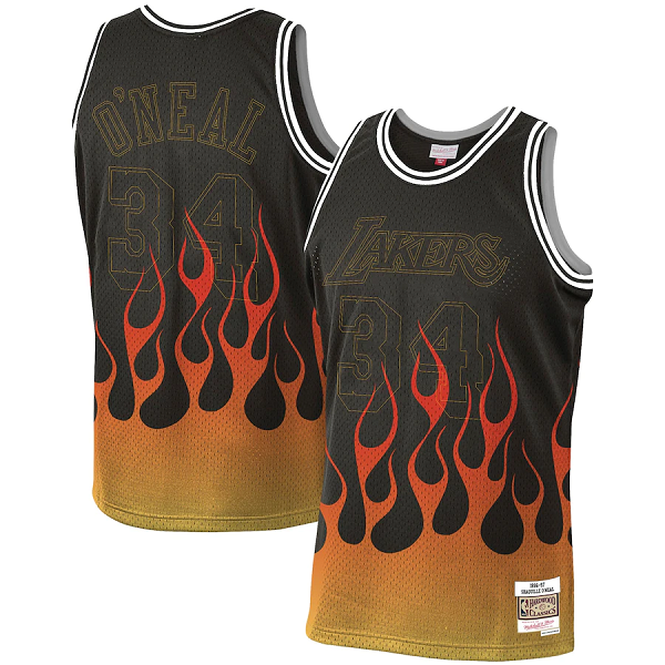 Men's Los Angeles Lakers #34 Shaquille O'Neal Mitchell & Ness 1996-97 Black Hardwood Classics Flames Swingman Stitched Jersey Men's Los Angeles Lakers #34 Shaquille O'Neal Mitchell & Ness 1996-97 Black Hardwood Classics Flames Swingman Stitched Jersey