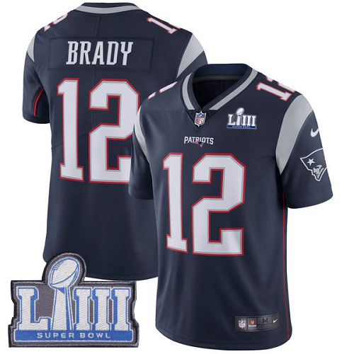 Nike Patriots #12 Tom Brady Navy Blue Team Color Super Bowl LIII Bound Men's Stitched NFL Vapor Untouchable Limited Jersey Nike Patriots #12 Tom Brady Navy Blue Team Color Super Bowl LIII Bound Men's Stitched NFL Vapor Untouchable Limited Jersey