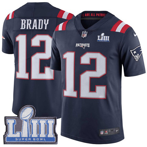 Nike Patriots #12 Tom Brady Navy Blue Super Bowl LIII Bound Men's Stitched NFL Limited Rush Jersey Nike Patriots #12 Tom Brady Navy Blue Super Bowl LIII Bound Men's Stitched NFL Limited Rush Jersey