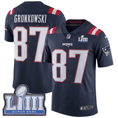 Nike Patriots #87 Rob Gronkowski Navy Blue Super Bowl LIII Bound Men's Stitched NFL Limited Rush Jersey Nike Patriots #87 Rob Gronkowski Navy Blue Super Bowl LIII Bound Men's Stitched NFL Limited Rush Jersey