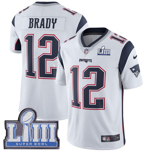 Nike Patriots #12 Tom Brady White Super Bowl LIII Bound Men's Stitched NFL Vapor Untouchable Limited Jersey Nike Patriots #12 Tom Brady White Super Bowl LIII Bound Men's Stitched NFL Vapor Untouchable Limited Jersey