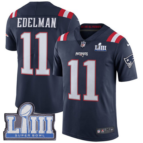 Nike Patriots #11 Julian Edelman Navy Blue Super Bowl LIII Bound Men's Stitched NFL Limited Rush Jersey Nike Patriots #11 Julian Edelman Navy Blue Super Bowl LIII Bound Men's Stitched NFL Limited Rush Jersey