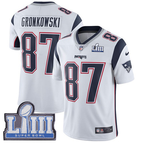 Nike Patriots #87 Rob Gronkowski White Super Bowl LIII Bound Men's Stitched NFL Vapor Untouchable Limited Jersey Nike Patriots #87 Rob Gronkowski White Super Bowl LIII Bound Men's Stitched NFL Vapor Untouchable Limited Jersey